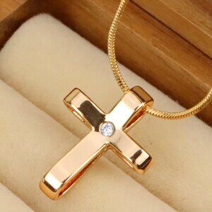 "Minimalist Rose Gold Cross Pendant with Center Stone, XPPT1298